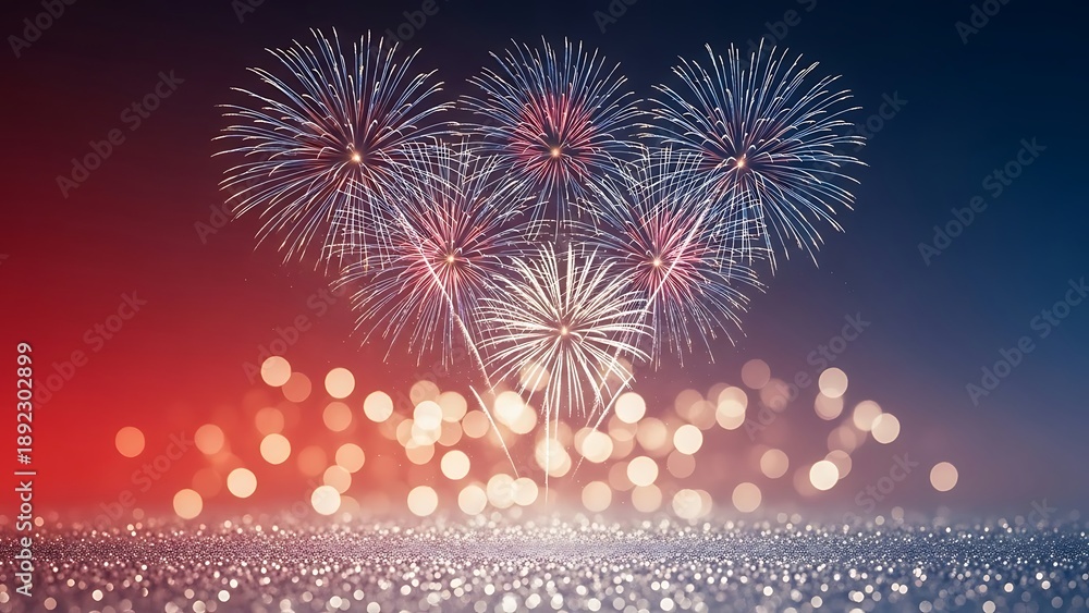 Fototapeta premium Fireworks Burst in Night Sky with Warm Bokeh – Festive Celebration Scene with Vibrant Colors and Sparkle