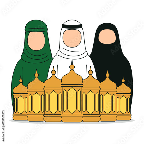 Islamic Gathering: A visually striking illustration showcasing a group of women, symbolizing cultural unity, accompanied by ornate lanterns, embodying the spirit of community and shared faith.