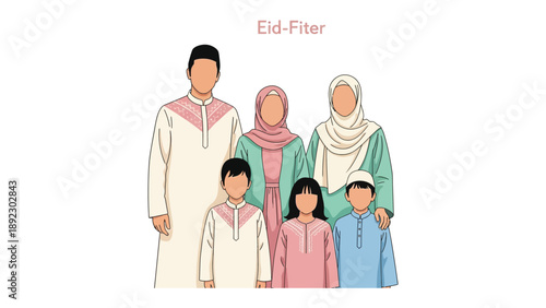 Family Eid-Fiter: A family gathering in traditional attire, celebrating a joyous occasion.  Focusing on unity, heritage, and the bond of togetherness.