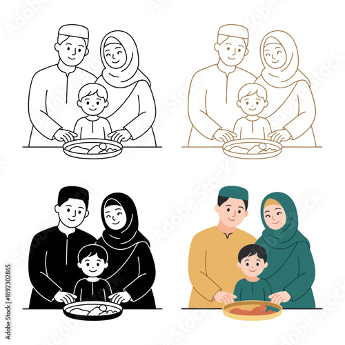 Family Gathering: A depiction of a Muslim family, comprising parents and a child, is enjoying a meal together. This image captures the essence of togetherness, familial bond, and cultural unity.