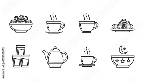 Harmony of Beverages: A harmonious set of eight illustrated drinks including dates and coffee cups, each exuding warmth and inviting moments of pause and enjoyment. 