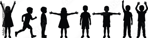 Children silhouettes set showing kids standing running jumping waving arms isolated black vector collection for education childhood activity concept