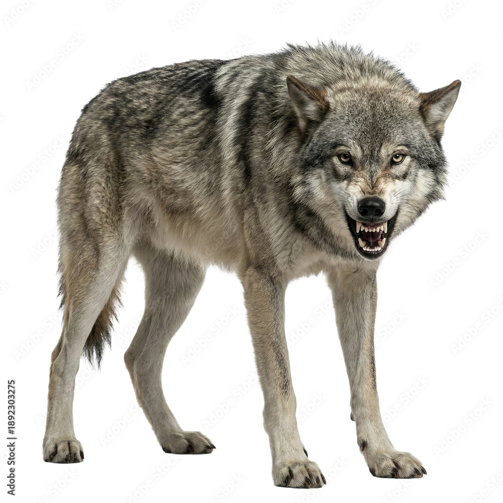 Obraz premium Snarling gray wolf standing.