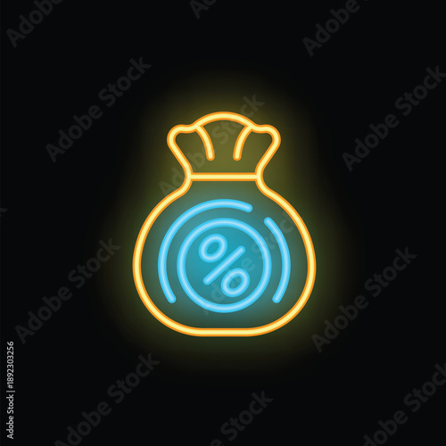 Neon sign depicting a money bag with a percent sign, glowing on a dark background, symbolizing interest rate and financial growth