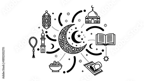 Ramadan Icon: An artistic illustration features a crescent moon surrounded by Ramadan icons, symbolizing the values ​​of the holy month, including the Qur'an, dates, and mosque.