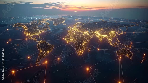 Global Network: A mesmerizing view of the world illuminated by a network of interconnected nodes, symbolizing the power of global connection and technology's embrace, under a beautiful sunset.