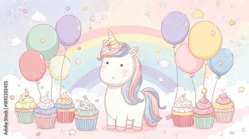 Adorable Unicorn Birthday Illustration with Rainbow, Balloons, and Cupcakes – Pastel Kids Art