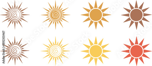 Spiral Sun Line Icons Set  Radiating Ray Variations and Graphic Solar Motifs