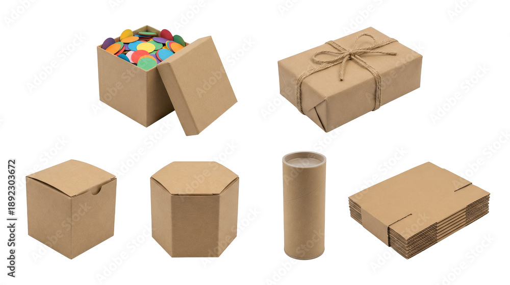 Fototapeta premium Cardboard packaging set including square, hexagonal, cylinder, gift wrapped, and flat stack boxes isolated. Eco friendly shipping and delivery collection.