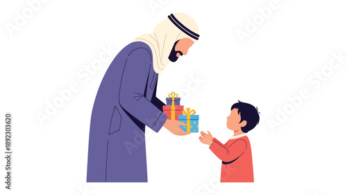 Gift of Giving: A benevolent figure, adorned in traditional attire, extends gifts to a child. The moment captures the essence of generosity and connection.