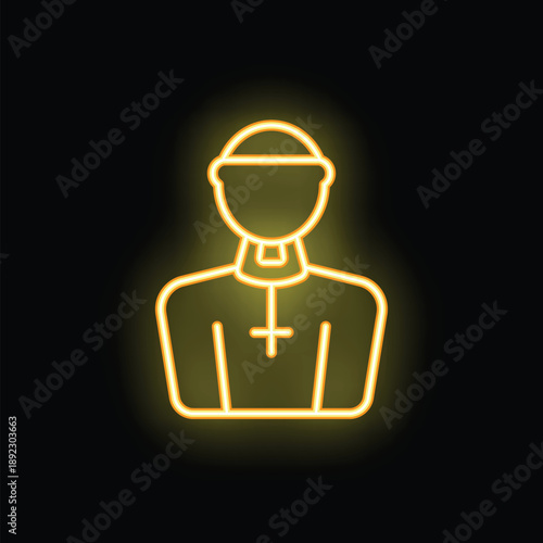 Yellow neon sign of a priest wearing a cassock with a clerical collar on a black background