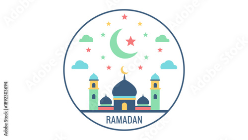 Ramadan Celebration: A vibrant emblem of Ramadan, featuring a crescent moon, star, mosque, and celebratory elements, symbolizing the spirit of the holy month.