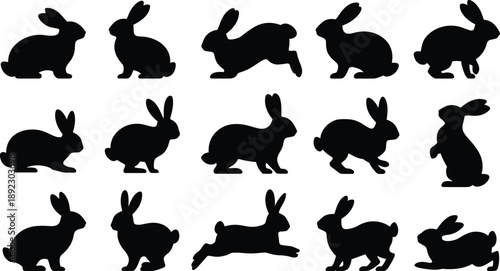 Black rabbit silhouettes set, bunnies jumping, sitting, and running in various poses, isolated on white background, animal vector icon collection.