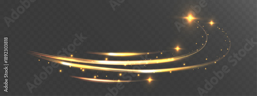 Golden shooting stars with glowing light trails, sparkling points, and smooth motion arcs, creating a magical comet-like effect on a transparent background.
