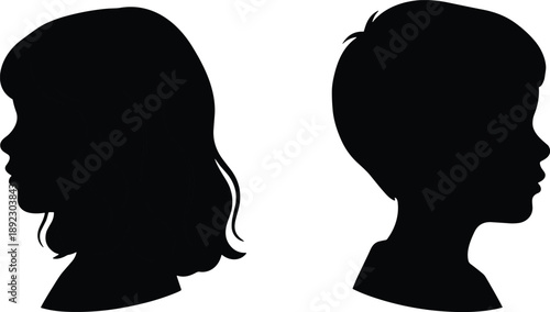Children profile silhouette illustration of girl and boy facing opposite directions showing individuality contrast childhood flat vector design minimal modern