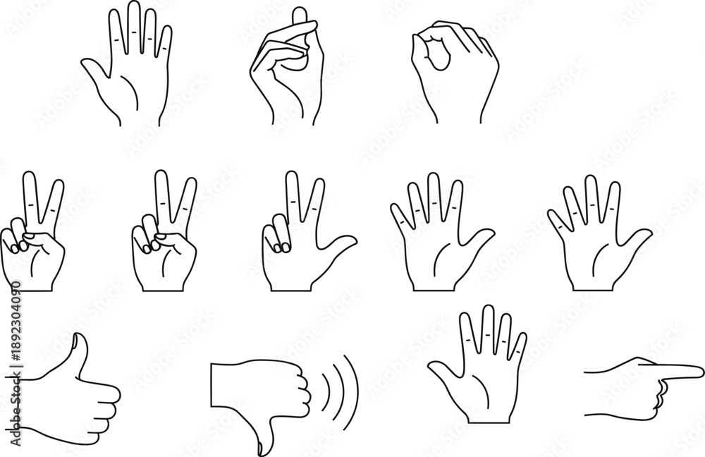 Fototapeta premium Hand Gesture Line Icon Set Showing Counting Fingers, Approval Signs, Pointing, and Communication Gestures for User Interface and Instructional Design