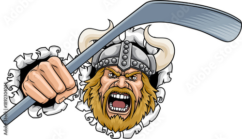 Canvas Print An angry Viking cartoon character holding hockey stick ice hockey sports team mascot illustration