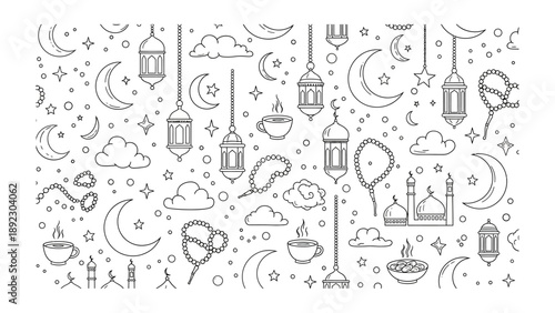 Islamic Elements: An artistic illustration, featuring a pattern composed of Islamic cultural and religious symbols, depicting elements commonly associated with Islamic traditions and celebrations.