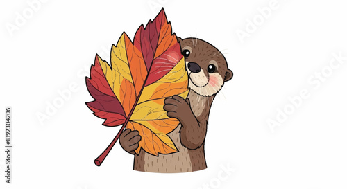 Cute Otter Character Hiding Behind Large Colorful Autumn Maple Leaf Vector