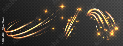 Golden shooting star trails with glowing sparkles on a dark transparent background, creating a magical, dynamic light effect for festive, fantasy, or cosmic designs.
