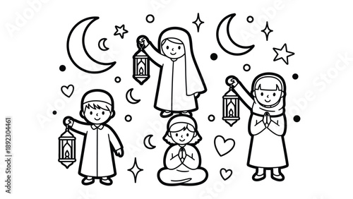 Muslims in Prayer and Celebration: A tender illustration depicts a group of Muslims, united in joyous celebration, as they hold lanterns and pray.