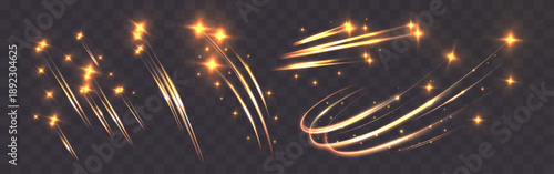Golden shooting star trails with glowing sparkles on a dark transparent background, creating a magical, dynamic light effect for festive, fantasy, or cosmic designs.
