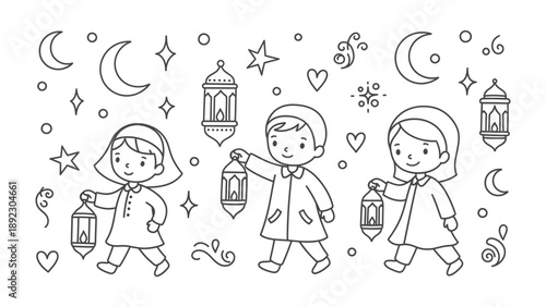 Joyful Lantern Parade: A delightful illustration showcases three children, illuminated by the soft glow of lanterns, embarking on a captivating nighttime journey filled with wonder and enchantment.
