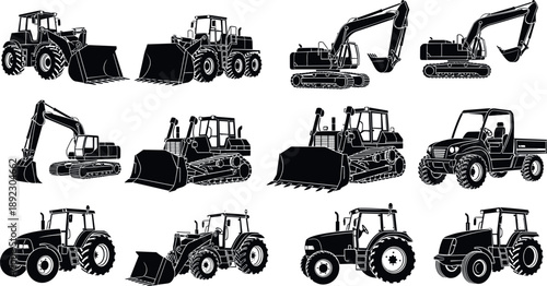 Construction and agricultural machinery silhouettes collection featuring excavators, bulldozers, wheel loaders, tractors, tracked vehicles, heavy industrial icons on white background
