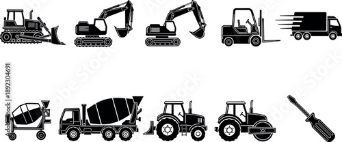 Construction and industrial vehicle silhouettes set featuring excavators, bulldozer, forklift, cement mixer trucks, tractors, delivery truck, heavy machinery icons isolated on white background