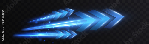 Futuristic glowing blue arrows with light trails on a dark background, symbolizing speed, motion, technology, progress, and forward direction with a dynamic neon effect.
