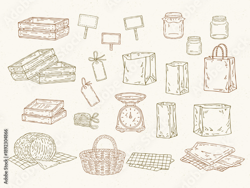 Hand-drawn line art illustrations of farmers market accessories, including wooden crates, empty baskets, glass jars, price signs, fabric napkins, kraft paper, twine, and scales