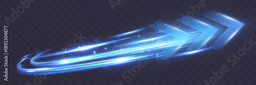 Futuristic blue arrow made of glowing light trails and transparent geometric shapes, symbolizing speed, direction, progress, and forward motion on a transparent background.
