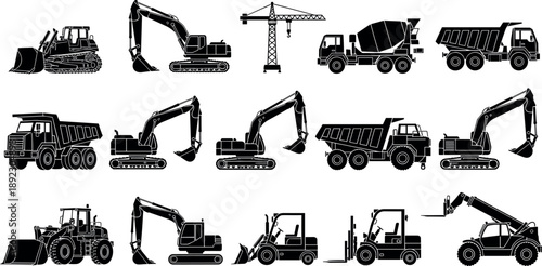 Construction Machinery Silhouette Mega Set Featuring Excavators Bulldozers Cranes Dump Trucks Forklifts and Concrete Mixers Heavy Industrial Vehicles Isolated on White Background