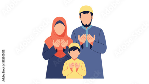 Family Praying Together: A depiction of a Muslim family, united in prayer, conveying a message of faith, devotion, and community.