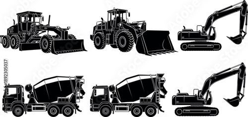 Construction Machinery Silhouettes Set Featuring Wheel Loader Motor Grader Excavator and Concrete Mixer Trucks Heavy Industrial Equipment Isolated on White Background