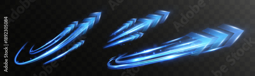 Set of futuristic glowing blue arrows with curved light trails on a dark transparent background, representing speed, direction, motion, energy, technology, and forward movement.

