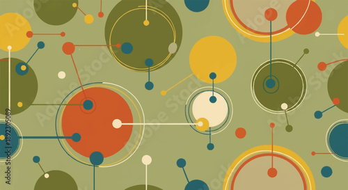 Retro Mid-Century Modern Abstract Pattern with Interconnected Circles and Geometric Lines in Earth Tones