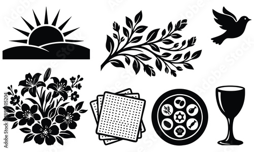 Set bundle passover silhouette featuring spring flowers and matzah