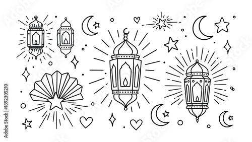 Islamic Lanterns and Emblems: An array of Islamic lanterns and emblems, each radiating a celestial glow, accompanied by crescents, stars, and decorative elements.