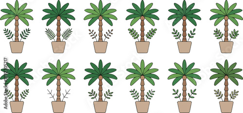 Potted Palm Tree Line Icons Set  Fan Fronds, Rounded Leaves, and Tropical Undergrowth