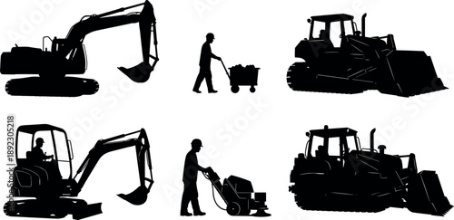 Construction Worker and Heavy Machinery Silhouettes Featuring Excavator Bulldozer and Manual Equipment Operation Industrial Worksite Illustration Set Isolated on White Background