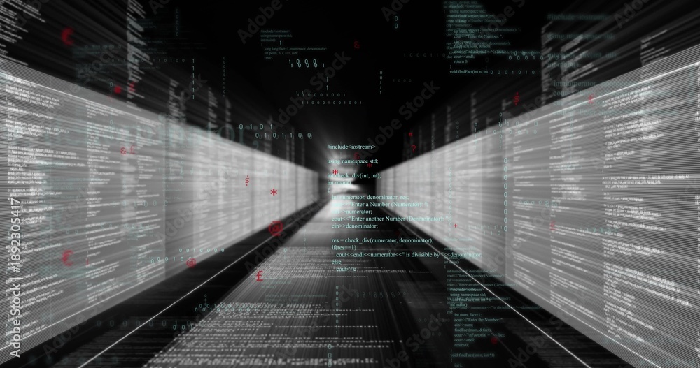 Naklejka premium Streaming data tunnel moving through code corridor, with left or right panels, grid floor, red token