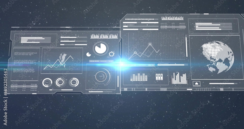 Fototapeta premium Displaying transparent HUD panels floating across space, showing line charts and pixelated globe