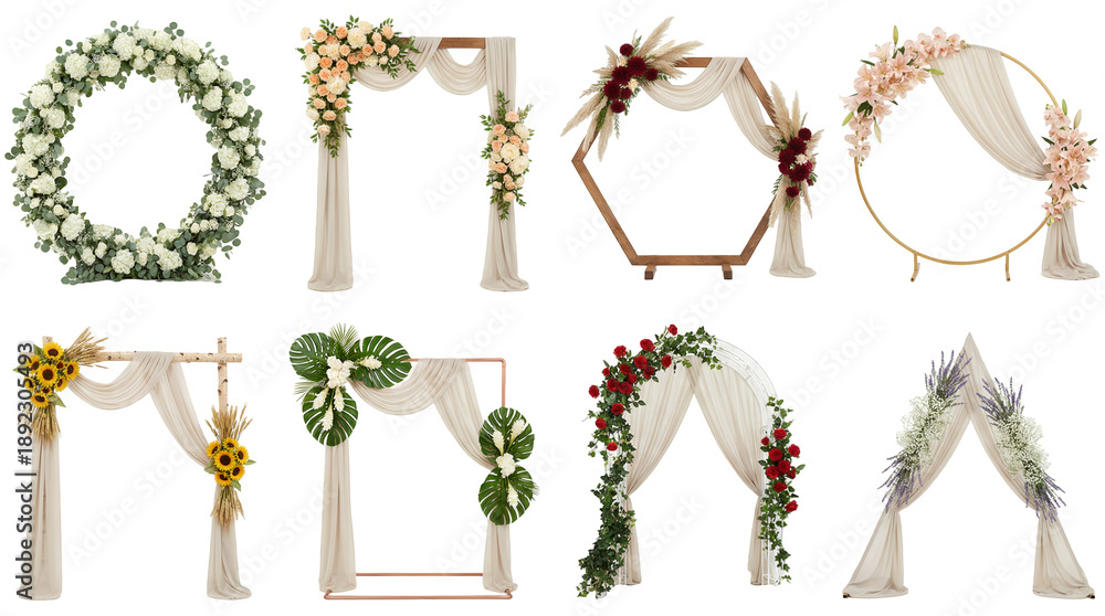 Fototapeta premium Wedding arch decoration set including circular, hexagonal, square, and triangular floral backdrops with fabric draping isolated. Ceremony venue and event design collection.