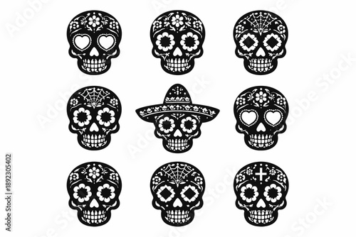 Intricate sugar skull designs celebrating dia de los muertos