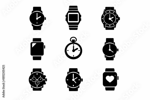 Variety of wristwatches and stopwatch icons in black and white design