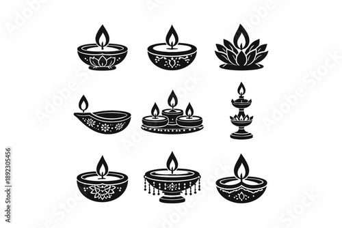 Black and white diwali lamps collection with decorative patterns