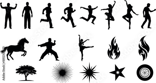 Dynamic action silhouettes collection featuring jumping and running people, martial arts poses, horse, fire icons, abstract symbols, energetic lifestyle elements isolated on white background