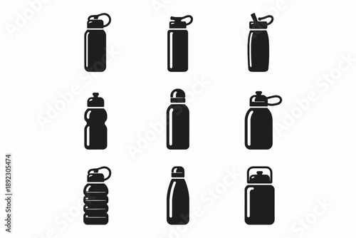 Collection of various black water bottle silhouettes for fitness and outdoor activities