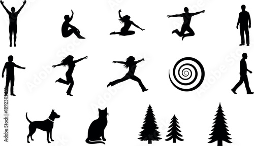 Dynamic human activity silhouettes collection featuring jumping, running, people, playful poses, animal silhouettes, trees, abstract spiral symbol, minimal black icons on white background